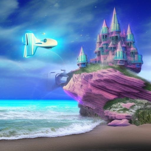 Ocean Castle with Spaceship: Astral Cosmic Illustration