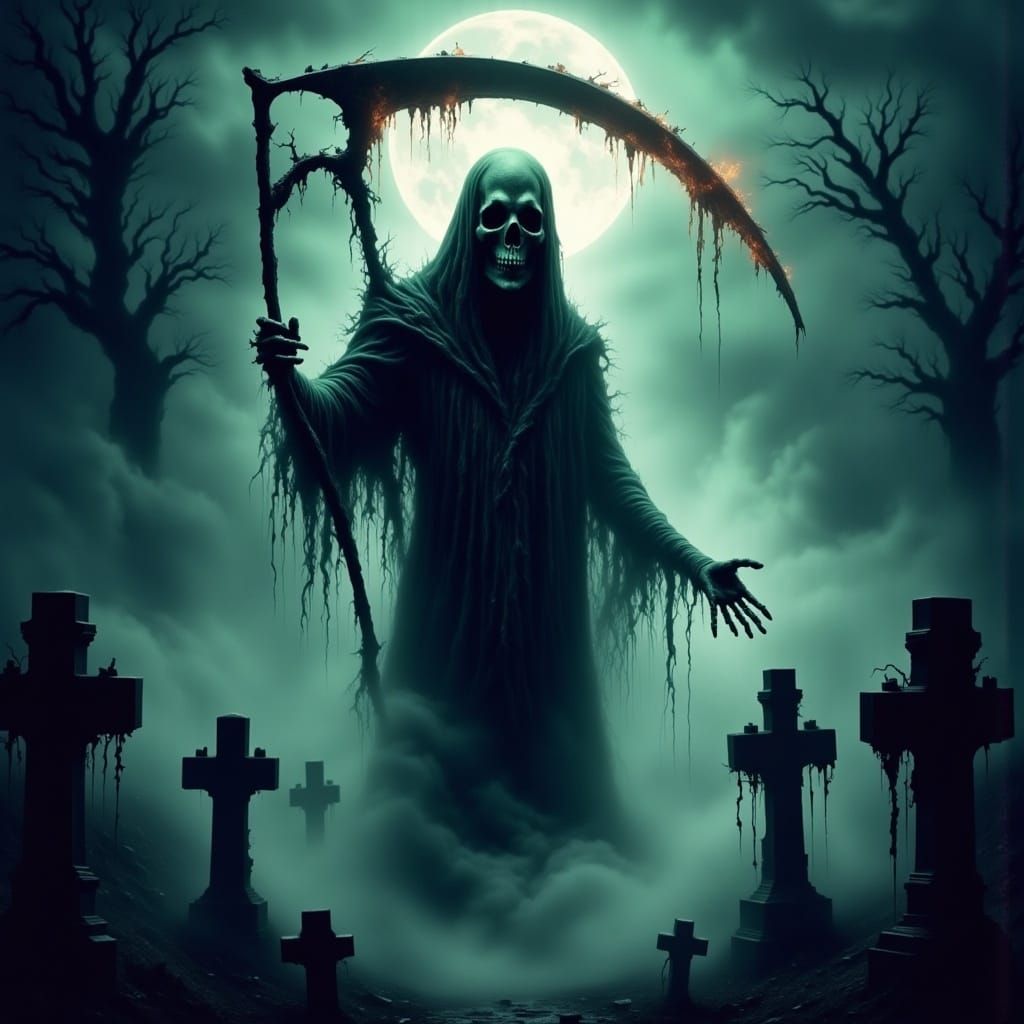 Grim Reaper Panics Ghostly Souls in Haunting Cemetery Scene
