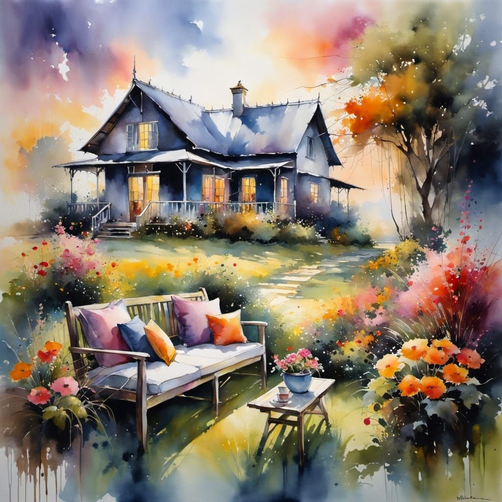 Surreal Watercolour Oasis with Cozy Home and Whimsical Detai...