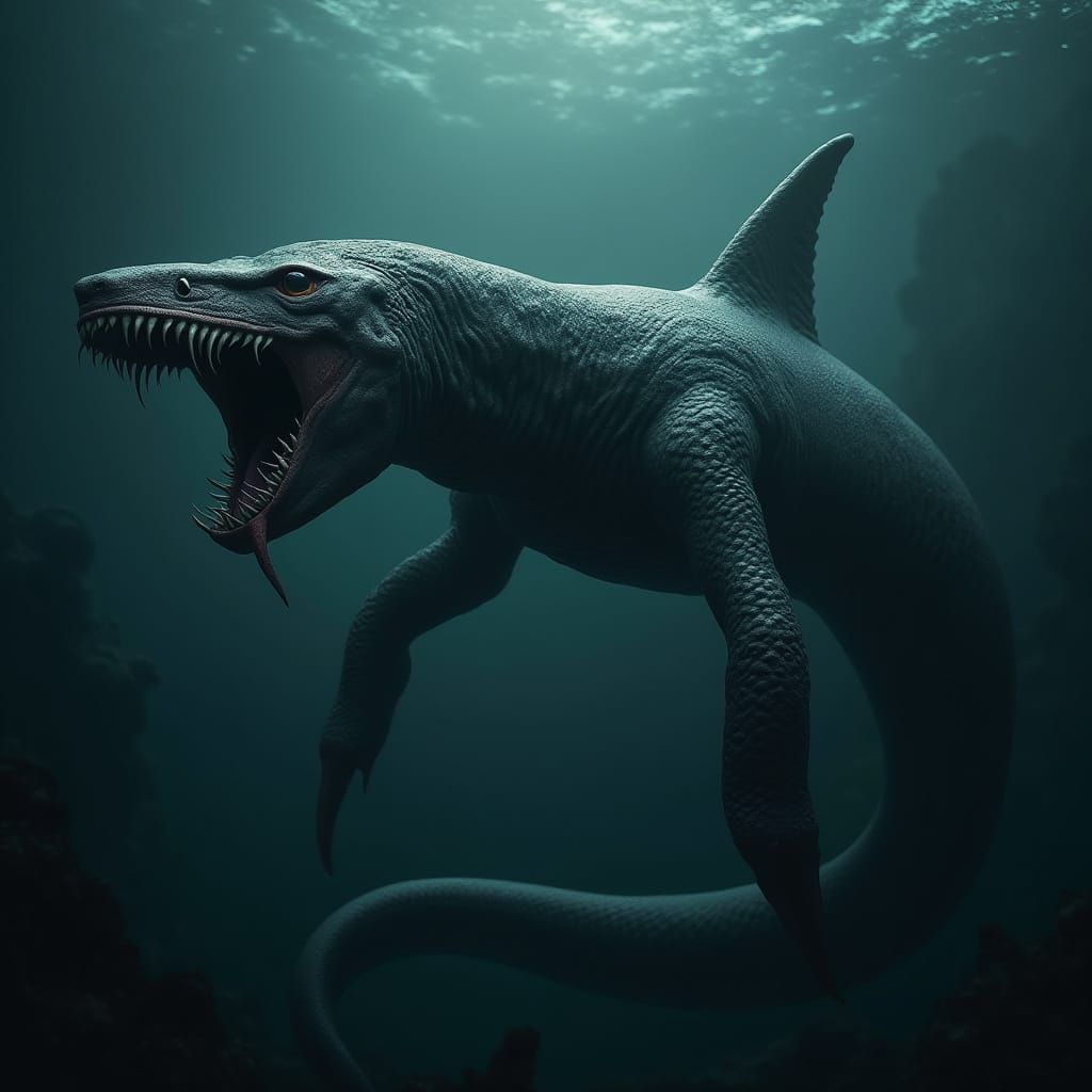 Cyberpunk Serpent-Shark Hybrid Monstrosity in Dark Ocean Dep...