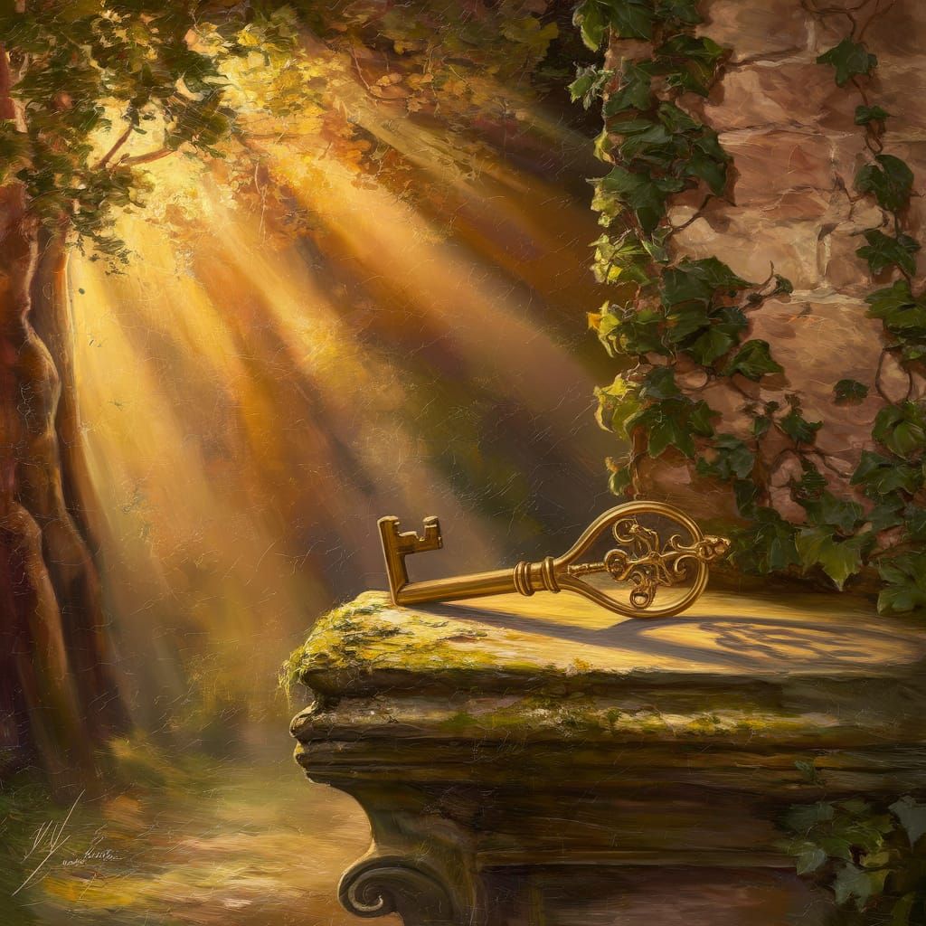 Antique Key on Stone Pedestal as Oil Painting