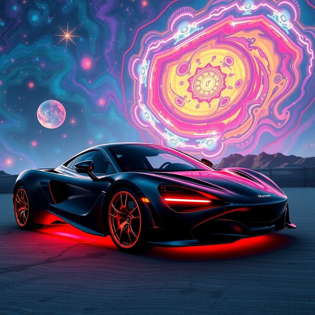new expensive modern black mclaren 720 s, neon red rims, neon red underglow and a cool red flame design"