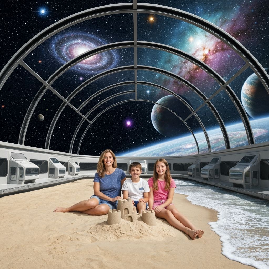 Family Photo on Beach Under Space Ark Roof