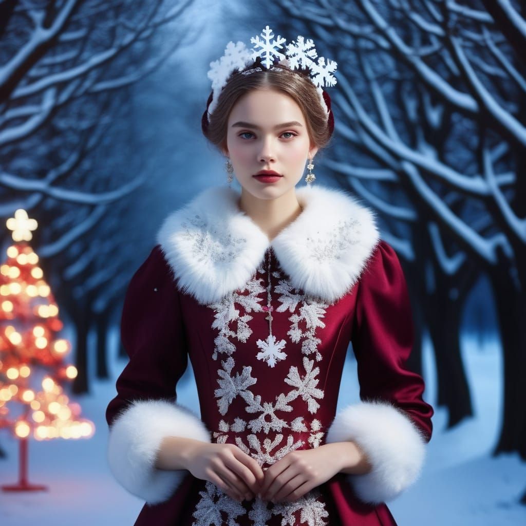 Ethereal Christmas Model in Regal White and Burgundy Dress
