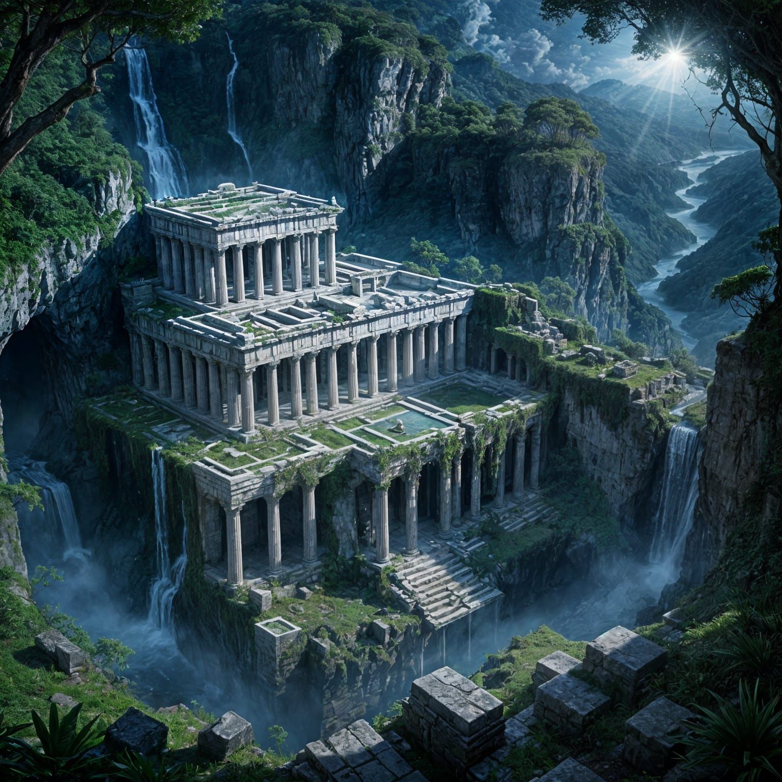 Lost Greek City in Sunlit Abyss with Waterfall