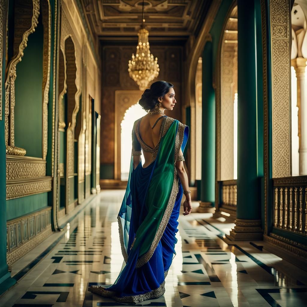 Woman in Saree Entering Palace: Cinematic Portrait