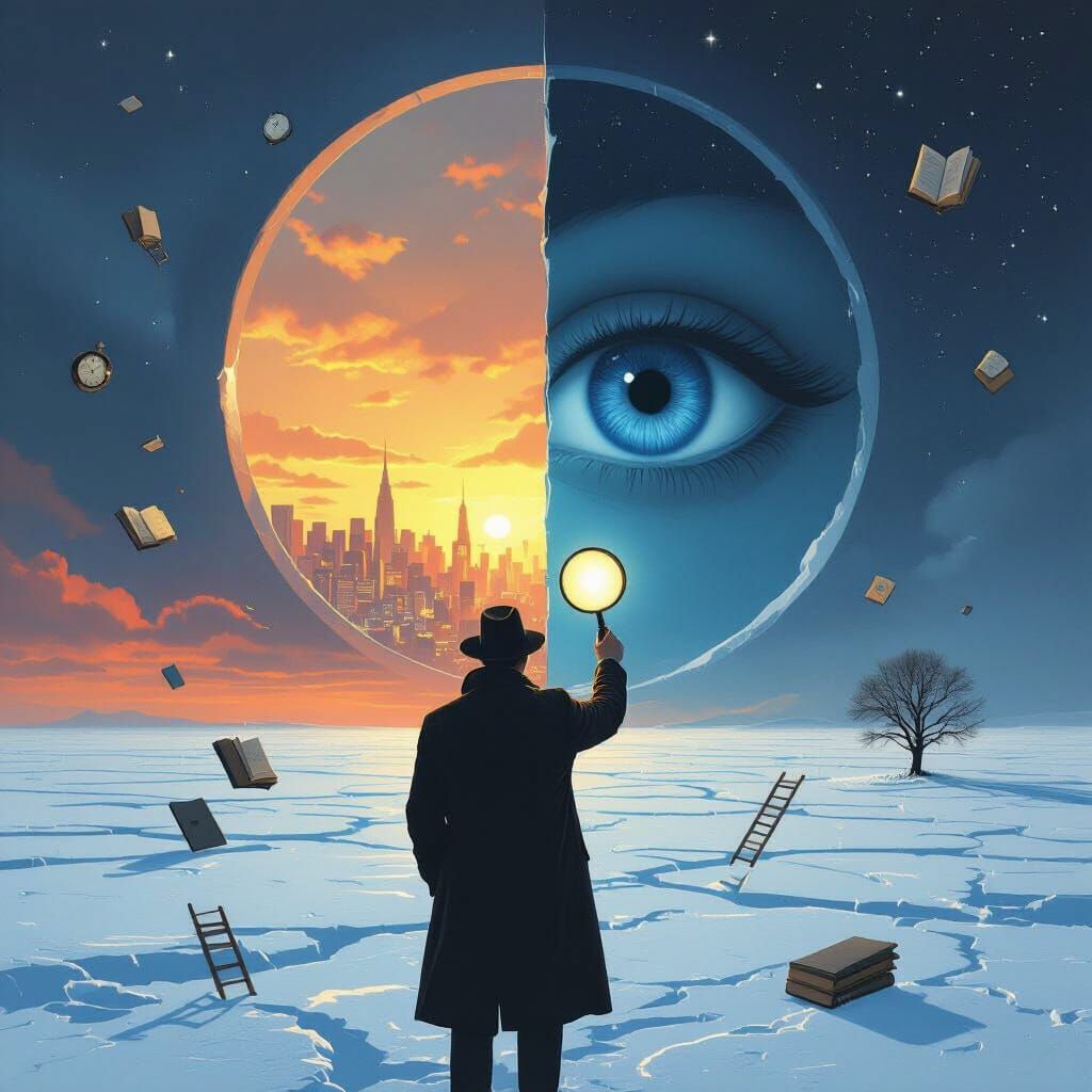 Surreal Digital Painting of Man on Icy Plain Under Dual Sky