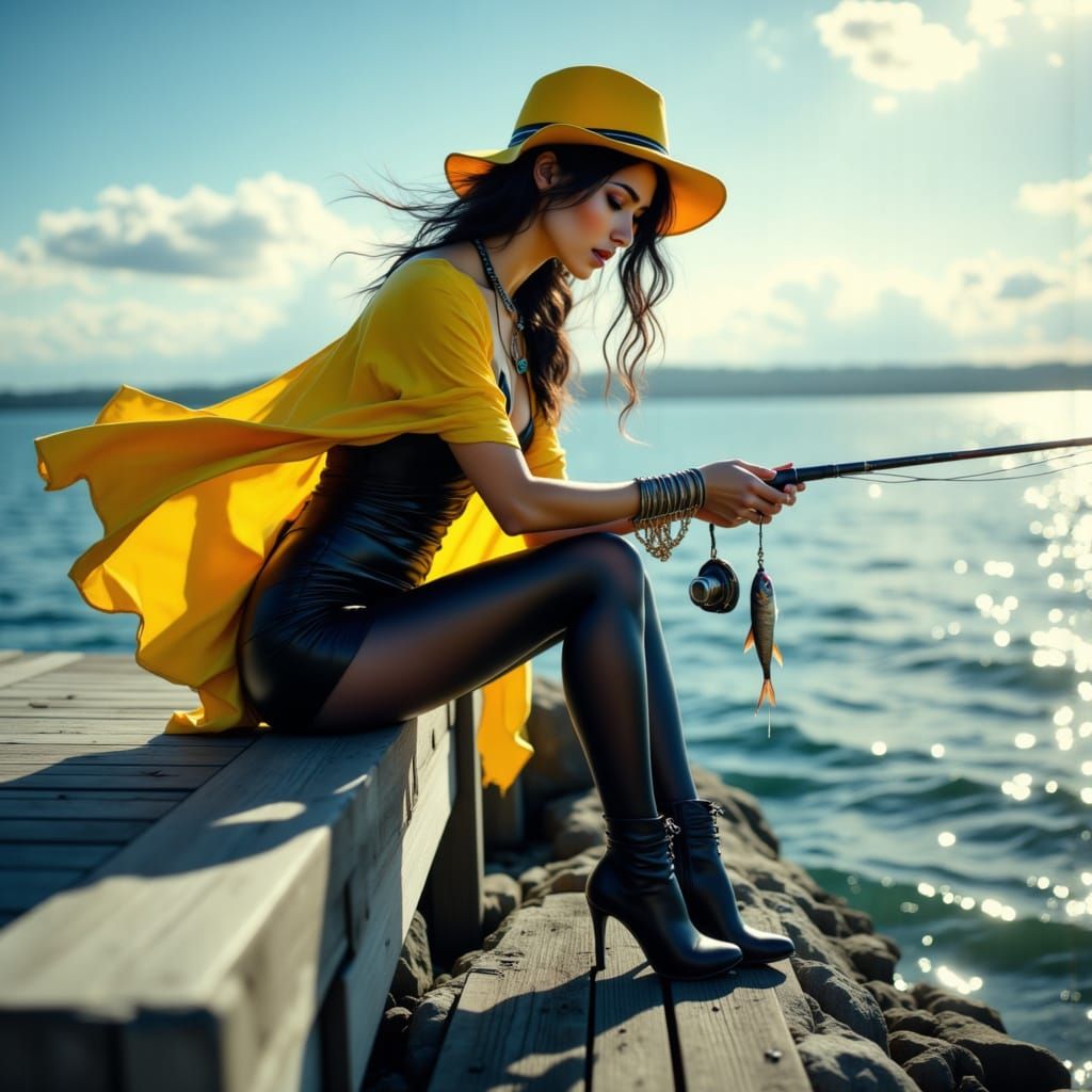 Woman in Latex Fishing Outfit on Pier