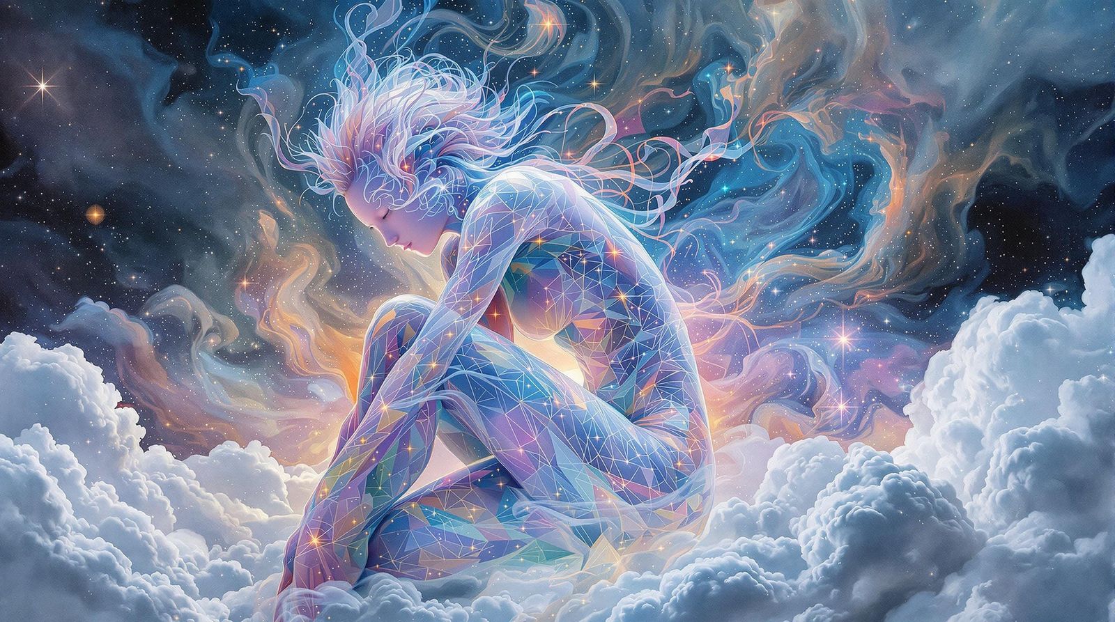 Iridescent Fractal Humanoid in Surreal Dreamscape