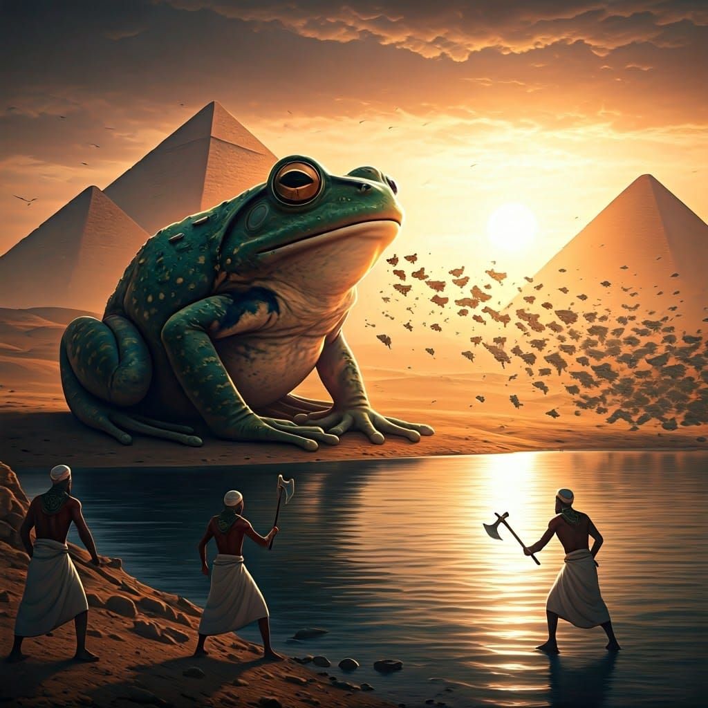 Regal Frog Surrounded by Ancient Egyptian Warriors in Fantas...