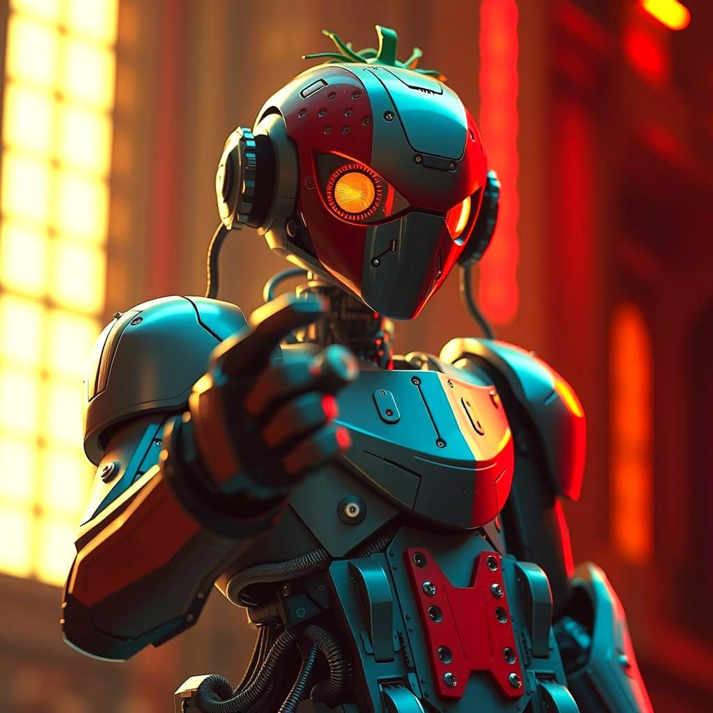 Cinematic Strawberry AI Robot Film Still