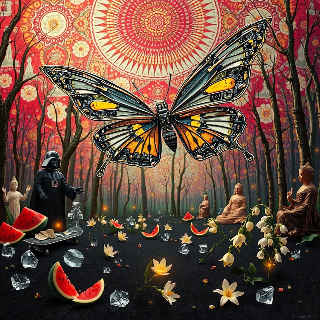 Mechanical Butterfly Flies Over Surreal Forest Landscape