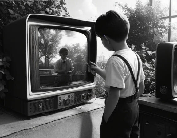 Vintage TV Screen Shows Boy in Garden