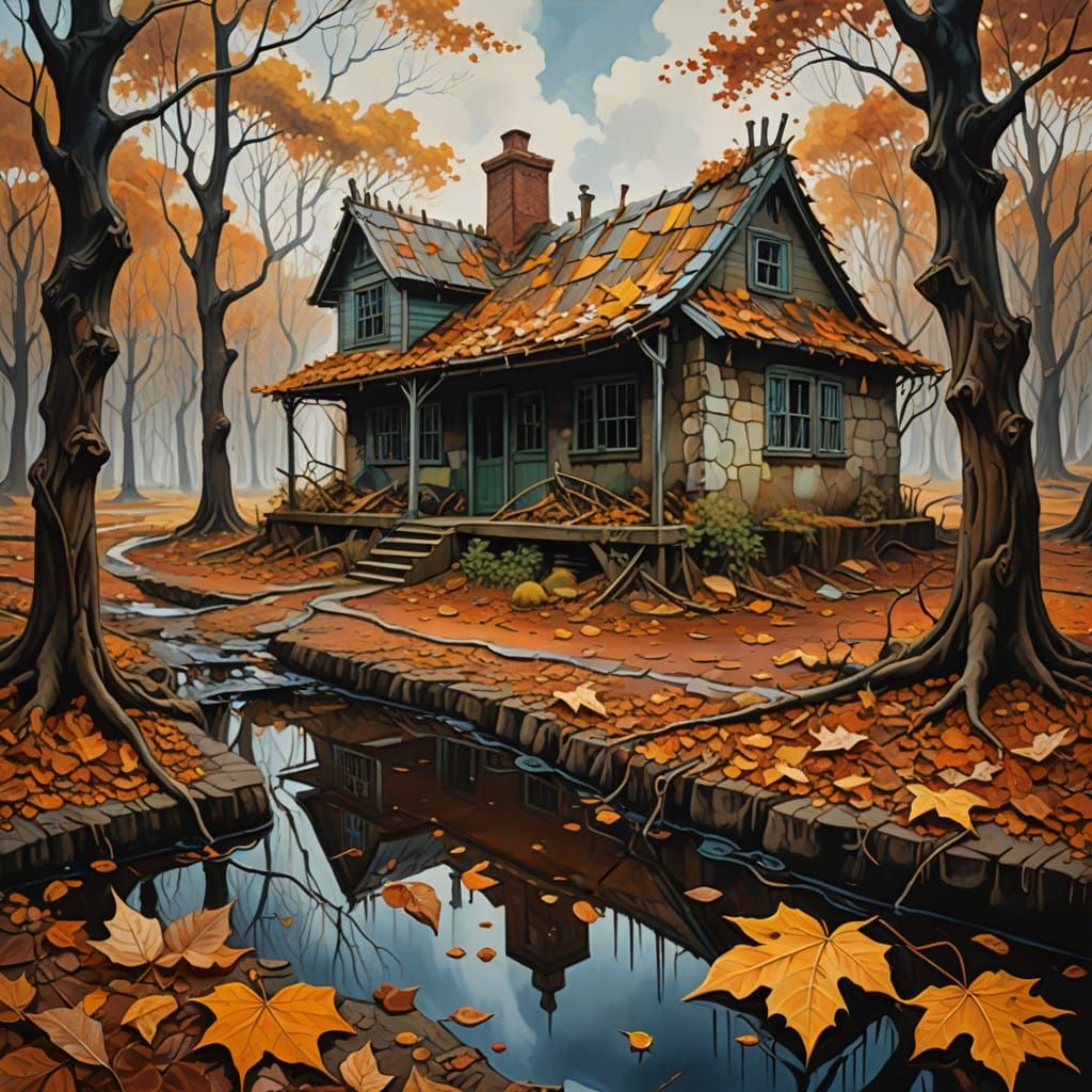 A Surrealist Autumn Cottage Amidst a Desolate Forest