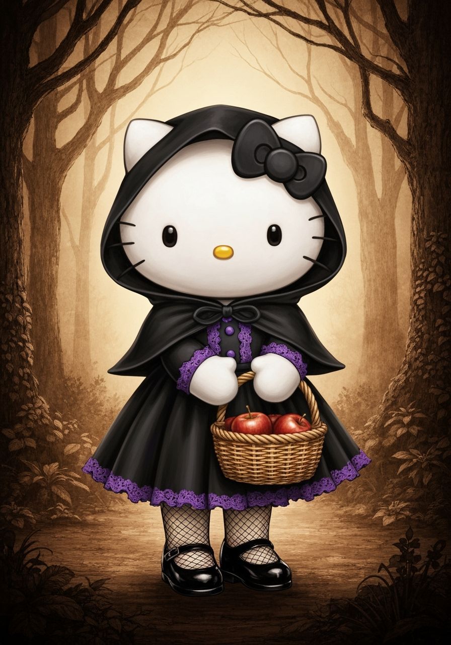 Hello Kitty as Little Red Riding Hood in Dark Woods