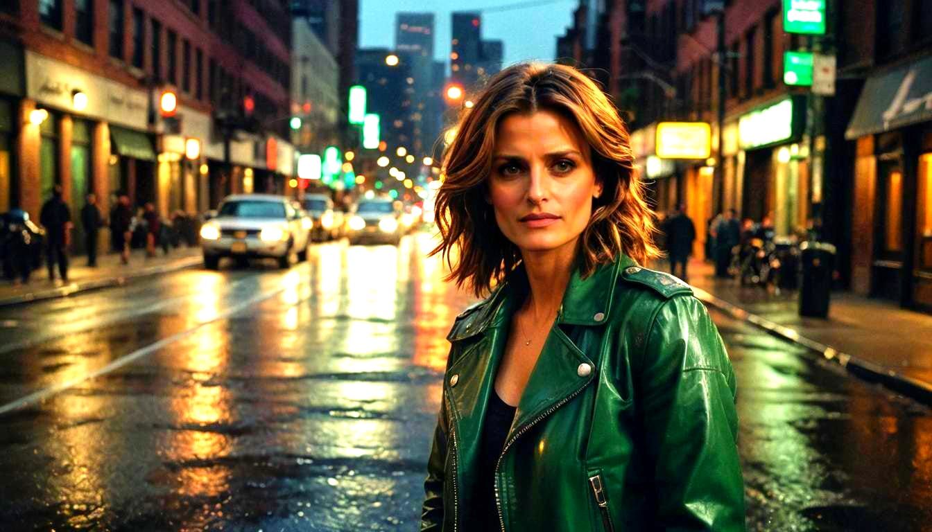 Stana Katic in Green Leather Jacket, New York City