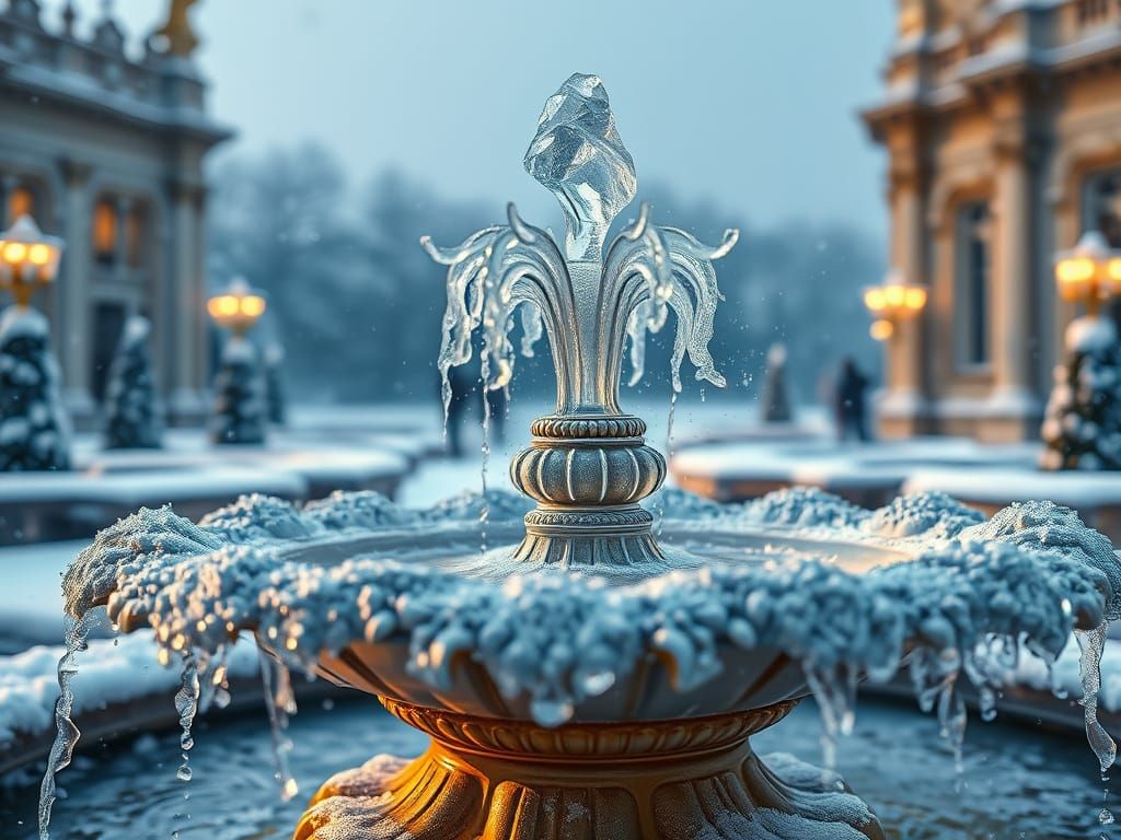 Frozen Baroque Fountain in Snowy Versailles Garden