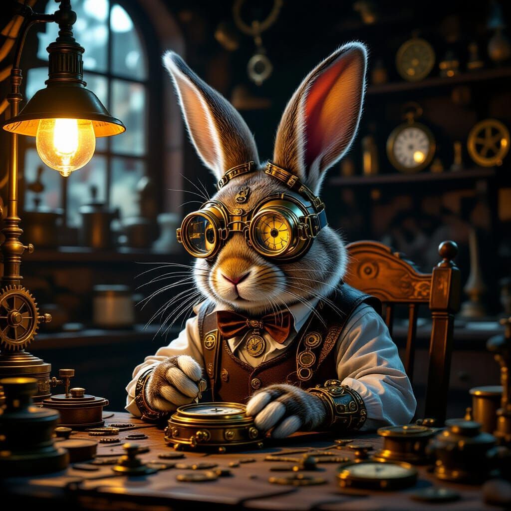 Steampunk Rabbit Polishing Pocket Watches in Workshop