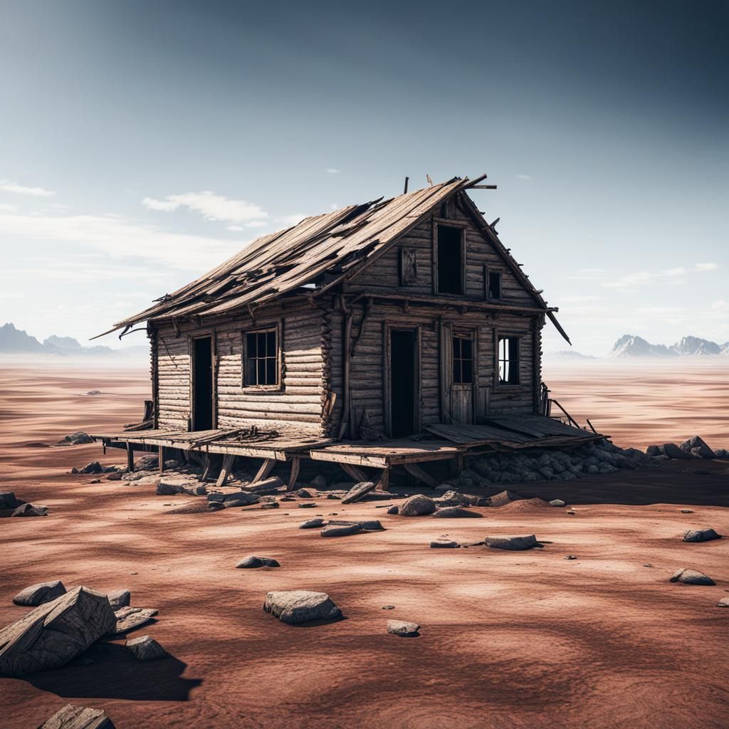 cinematic barren wasteland, abandoned wooden hut