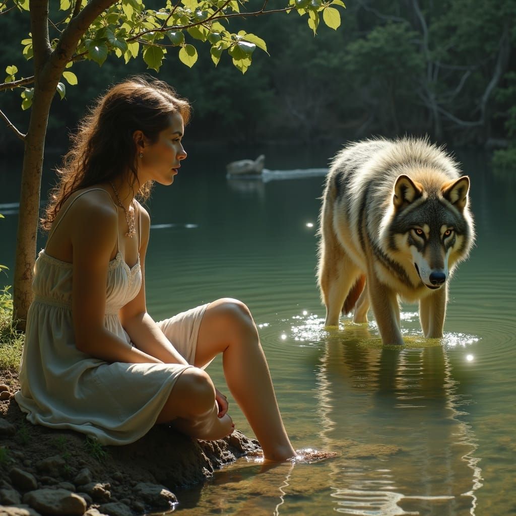 Young Woman and Wolf by Pond in Pre-Raphaelite Style