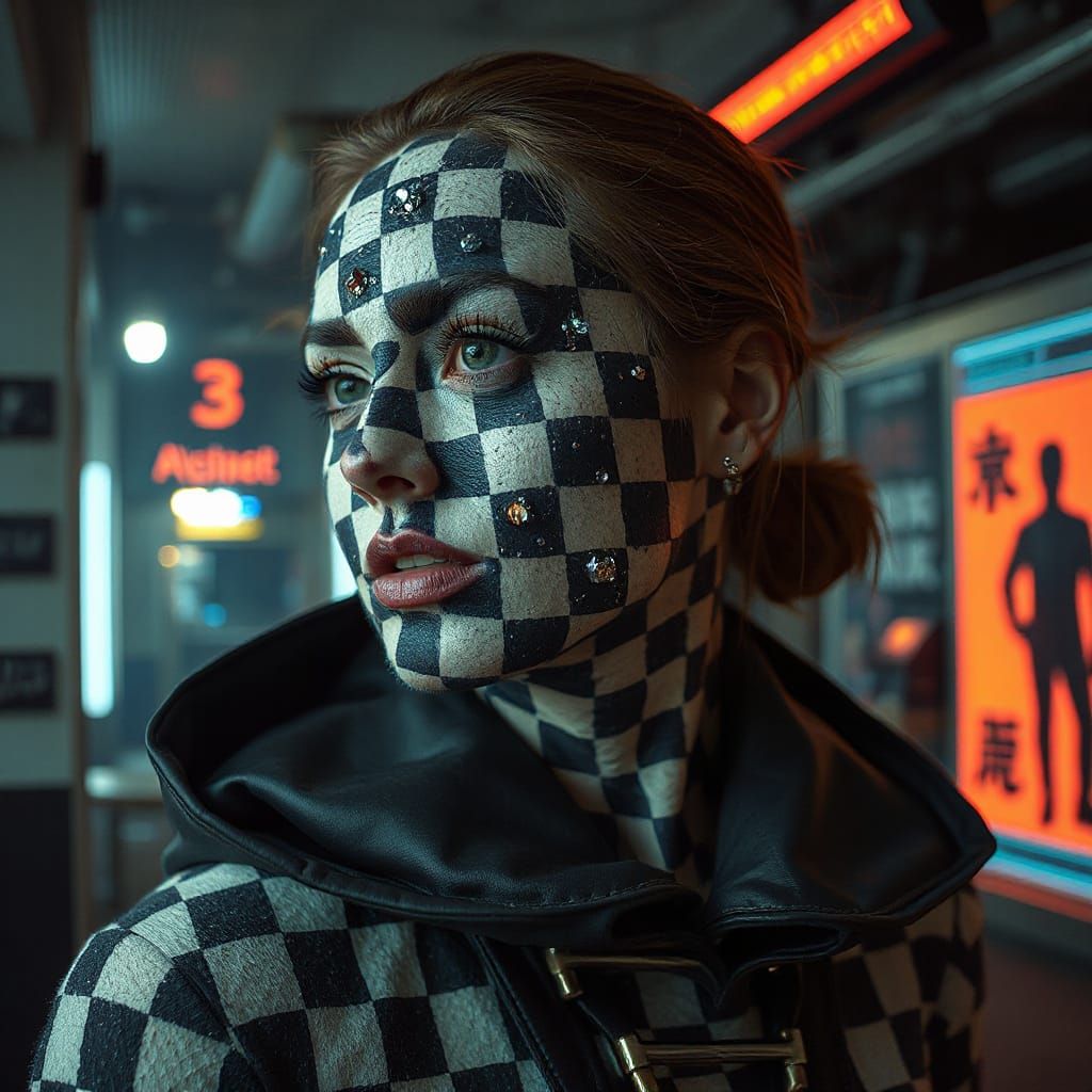 Futuristic Woman with Checkerboard Skin in Hyperreal Style