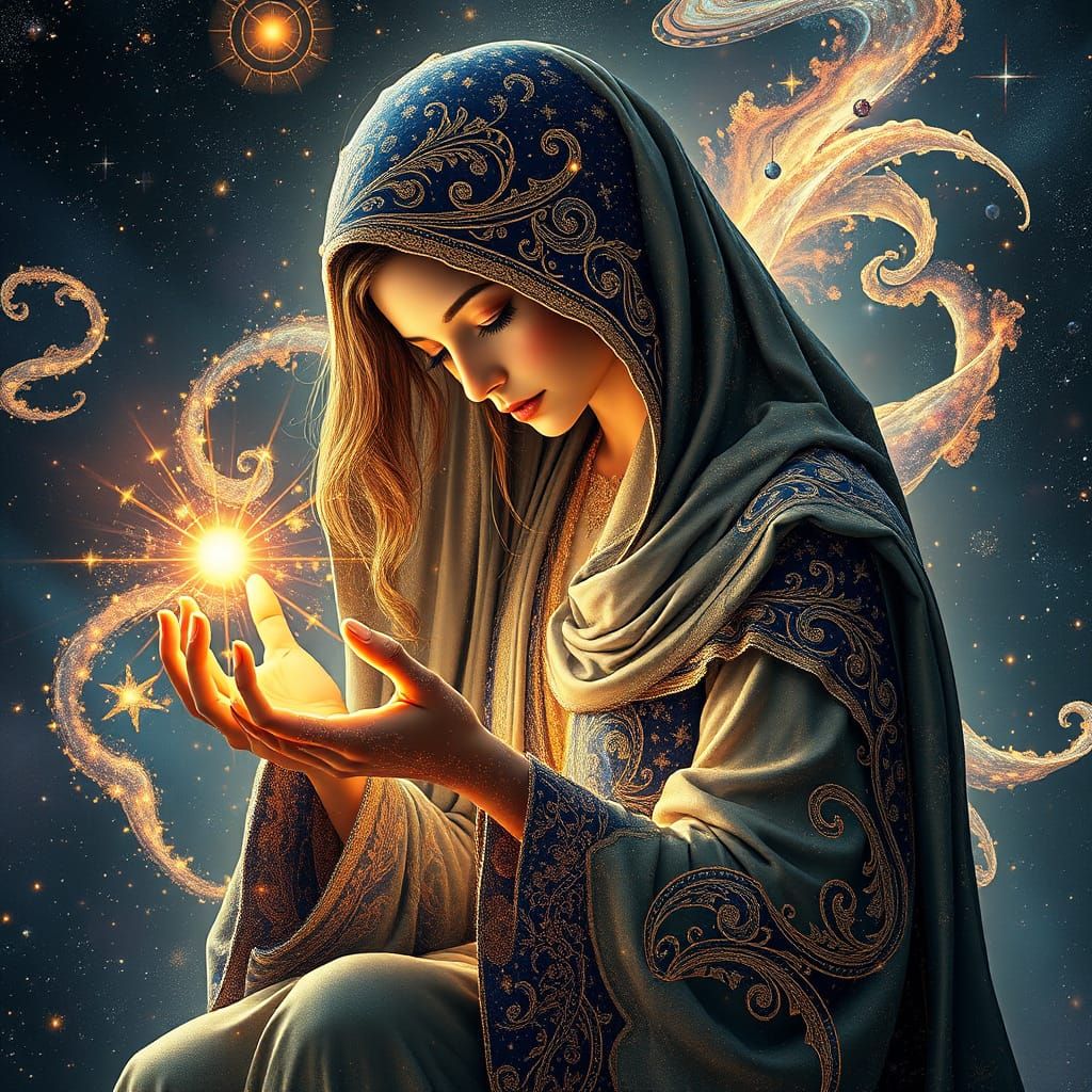 Cosmic Entity Crafts Galaxies in Art Nouveau Style