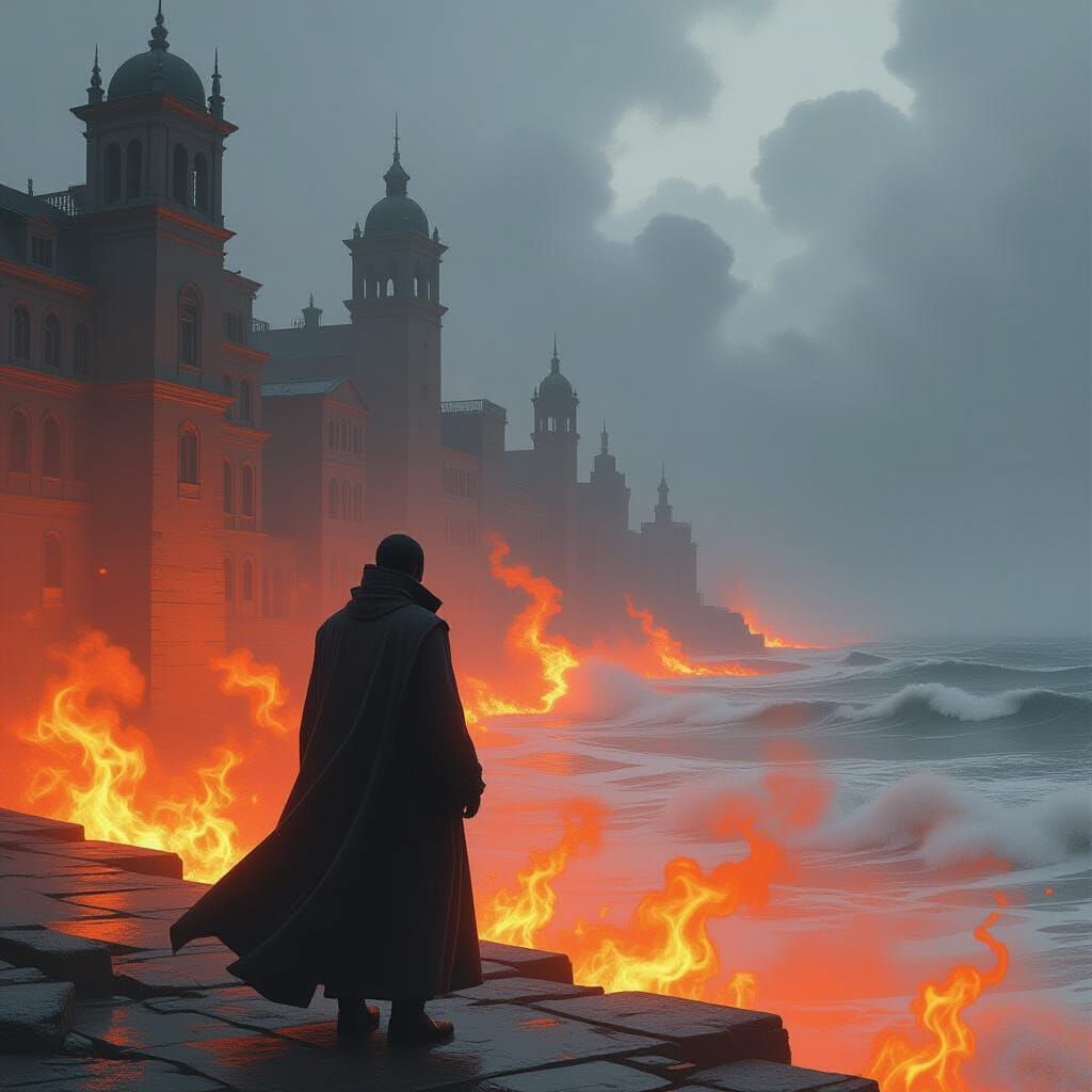 Fiery Shoreline with Lone Figure in Dystopian Landscape