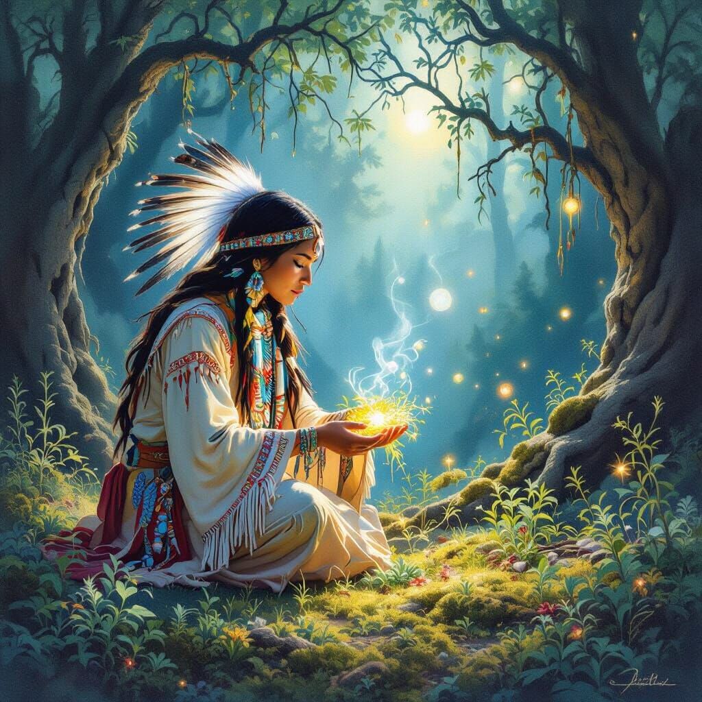 Native American Medicine Woman Gathers Herbs in Luminous For...