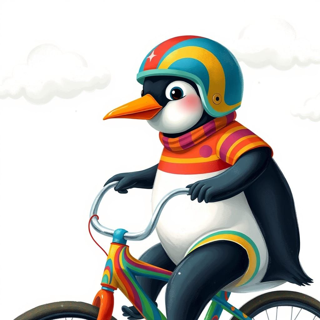 Whimsical Penguin Rides a Rainbow Bicycle in Dreamlike Illus...