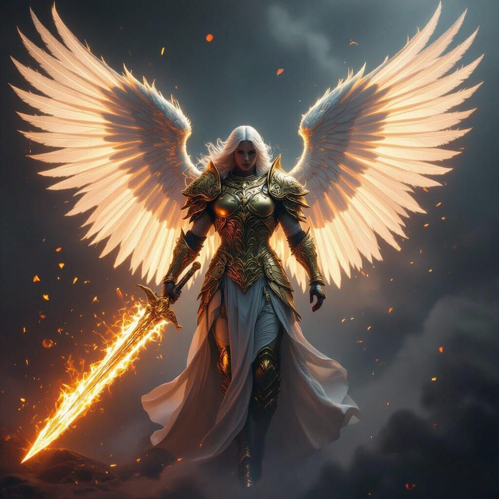 Majestic Archangel in Golden Armor with Flaming Sword