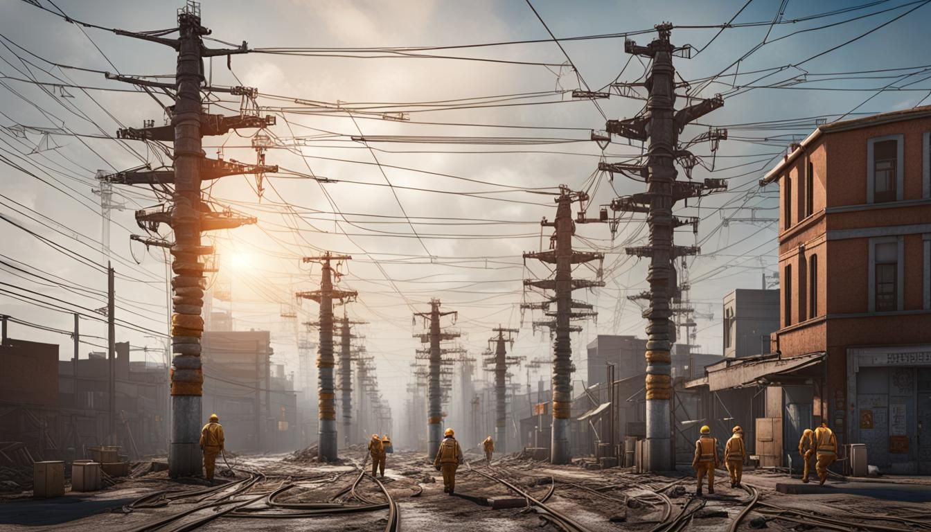Electrical Workers Repairing Storm Damage in Intense Heat