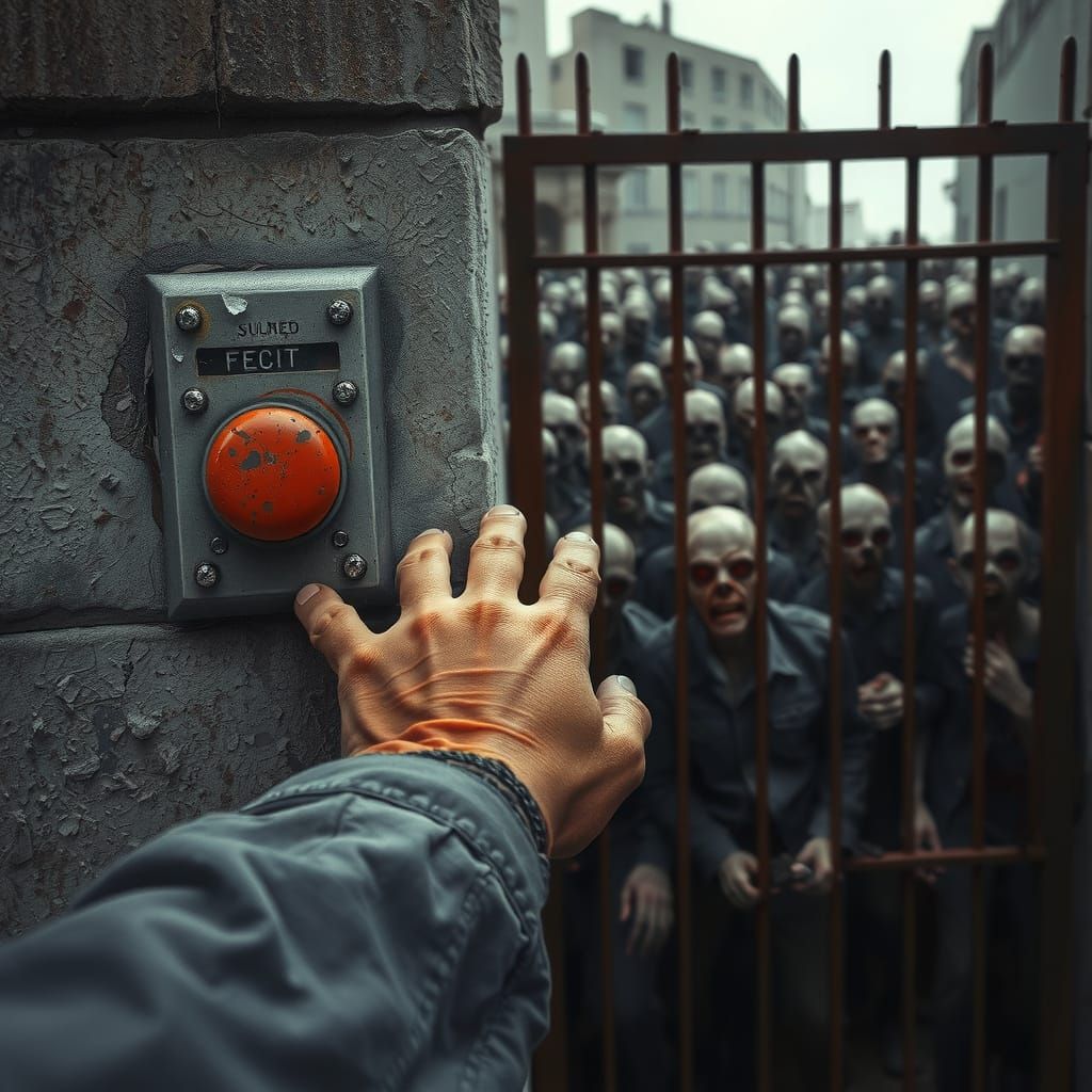 Weathered Hand Reaches for the Button Amidst Undead Horde