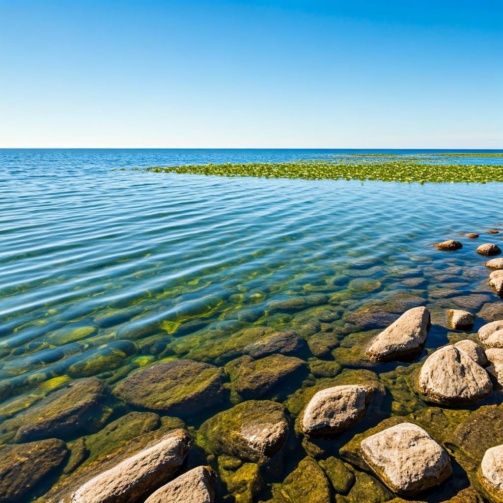 Sunlit Beach at Low Tide with Water Lilies
