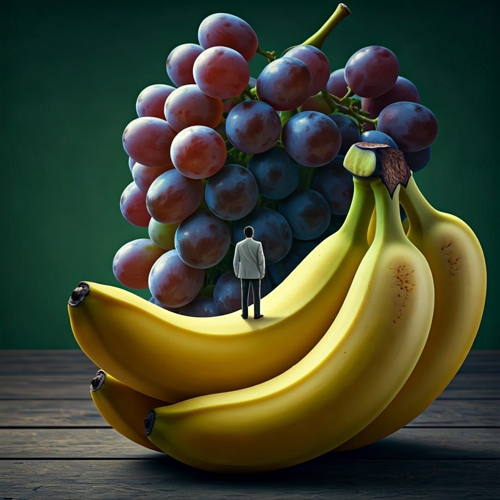 A Tiny Executive Surrounded by Fruit in a Dramatic Setting