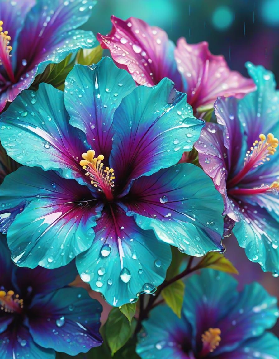 Crystal Hibiscus Flowers in Fauvist Style