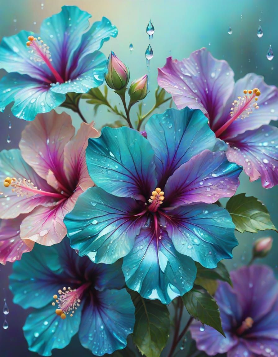 Turquoise and Purple Crystal Hibiscus in Oil Paint