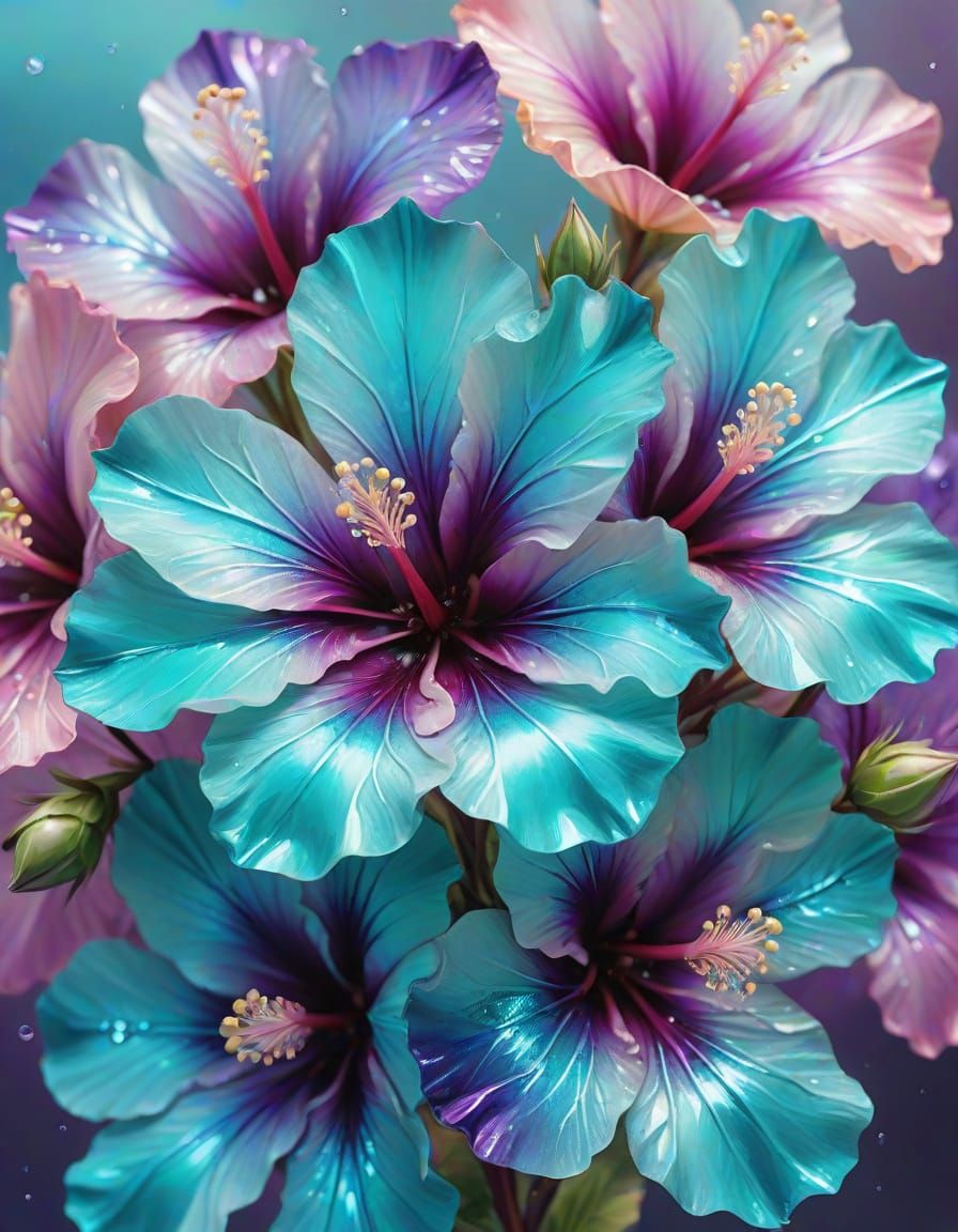 Crystal Hibiscus Flowers in Surreal Digital Oil Painting