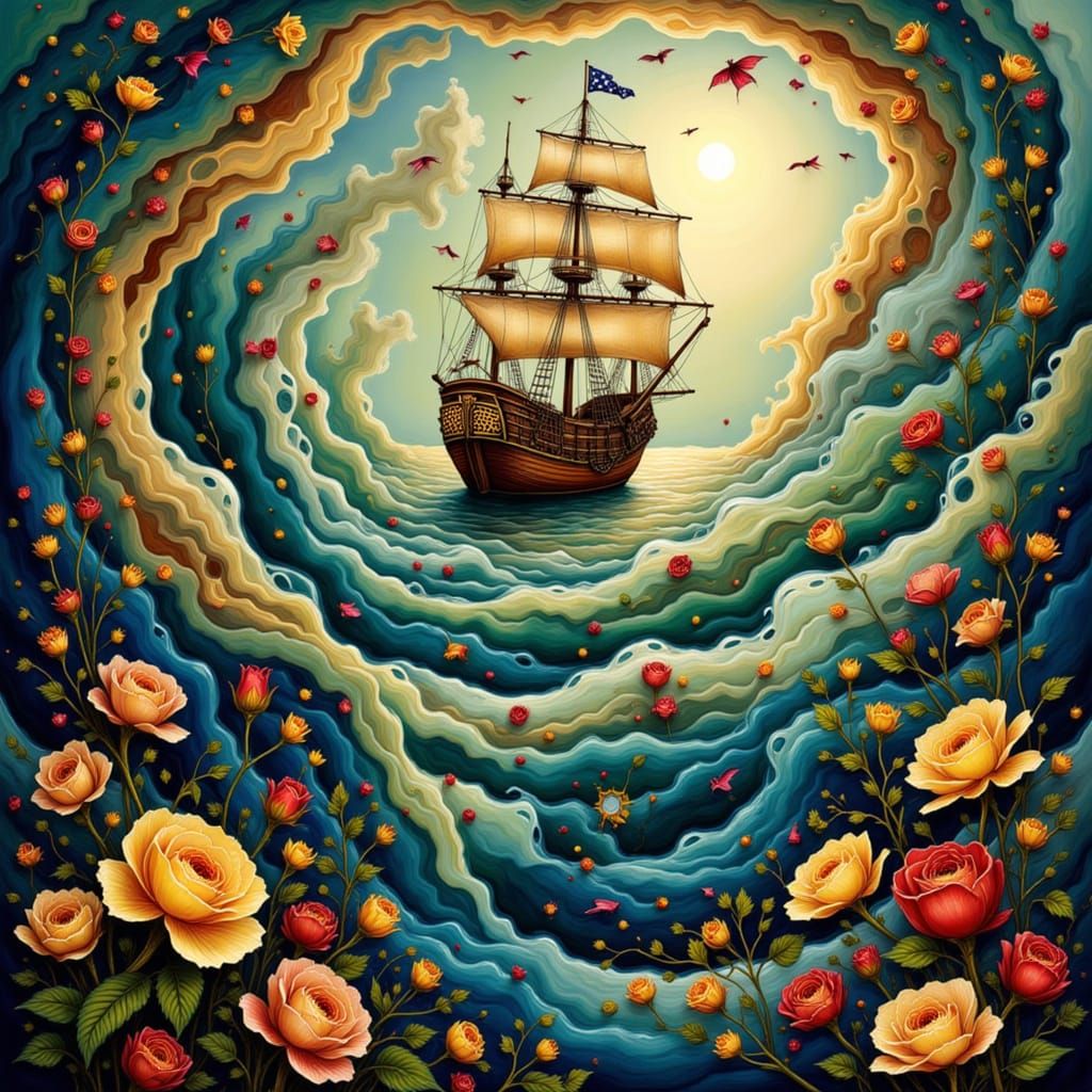 Pirate Ship in Magical Flower Ocean