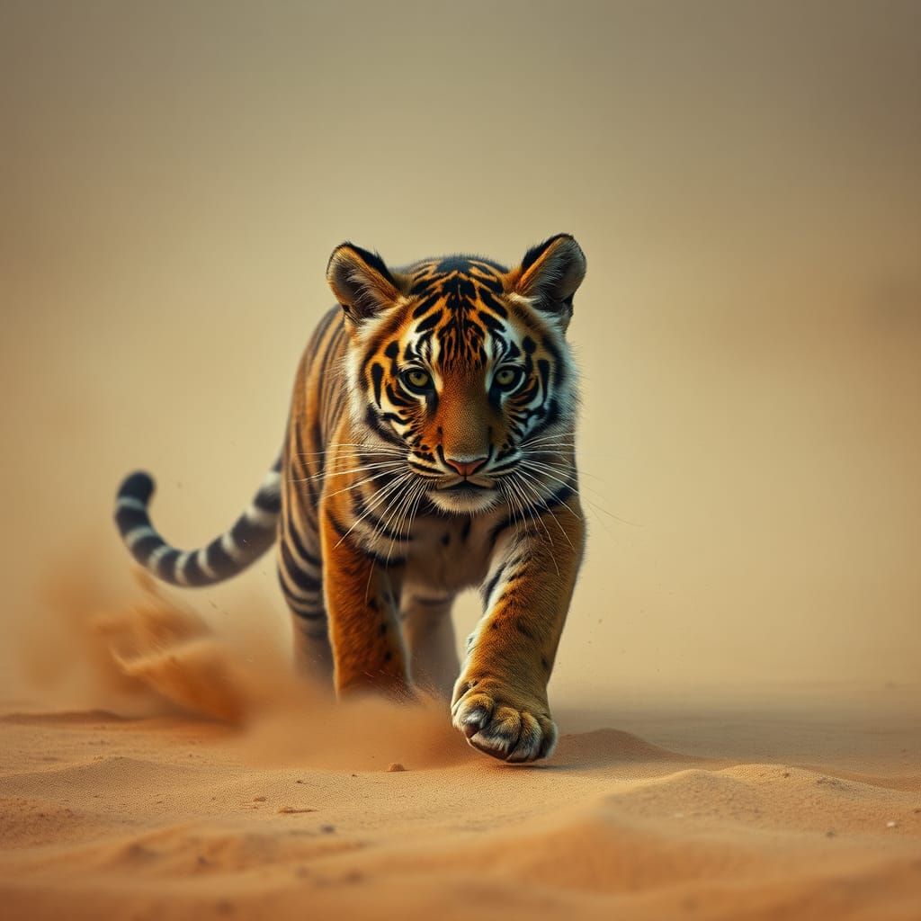 Tiger Cub in Desert Sandstorm: Matte Painting Style