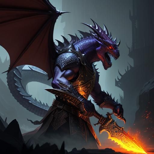 Dragon Battle with Flaming Sword in Dark Fantasy