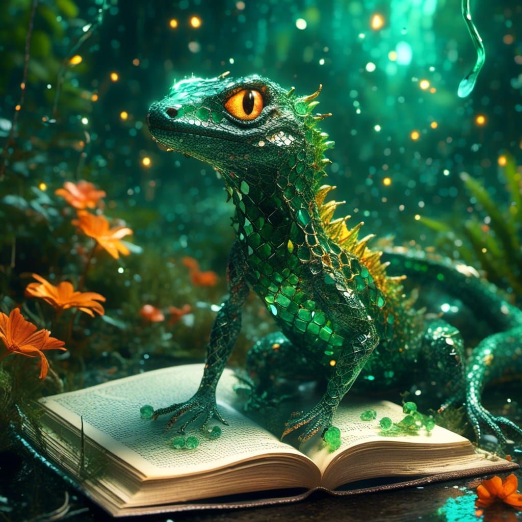 Emerald Scaled Lizard on Book, Detailed Fantasy Art