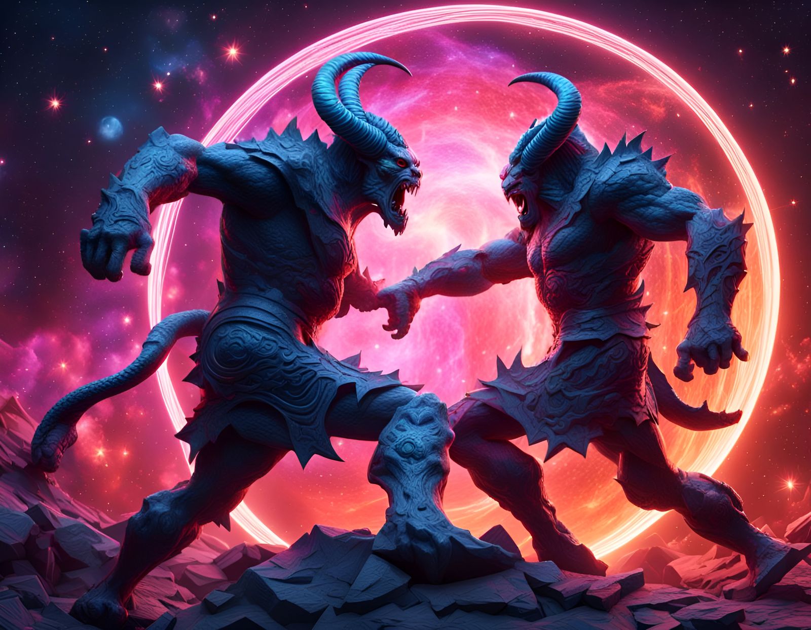 Demonic Battle in Galaxy, Geometric Abstract Style