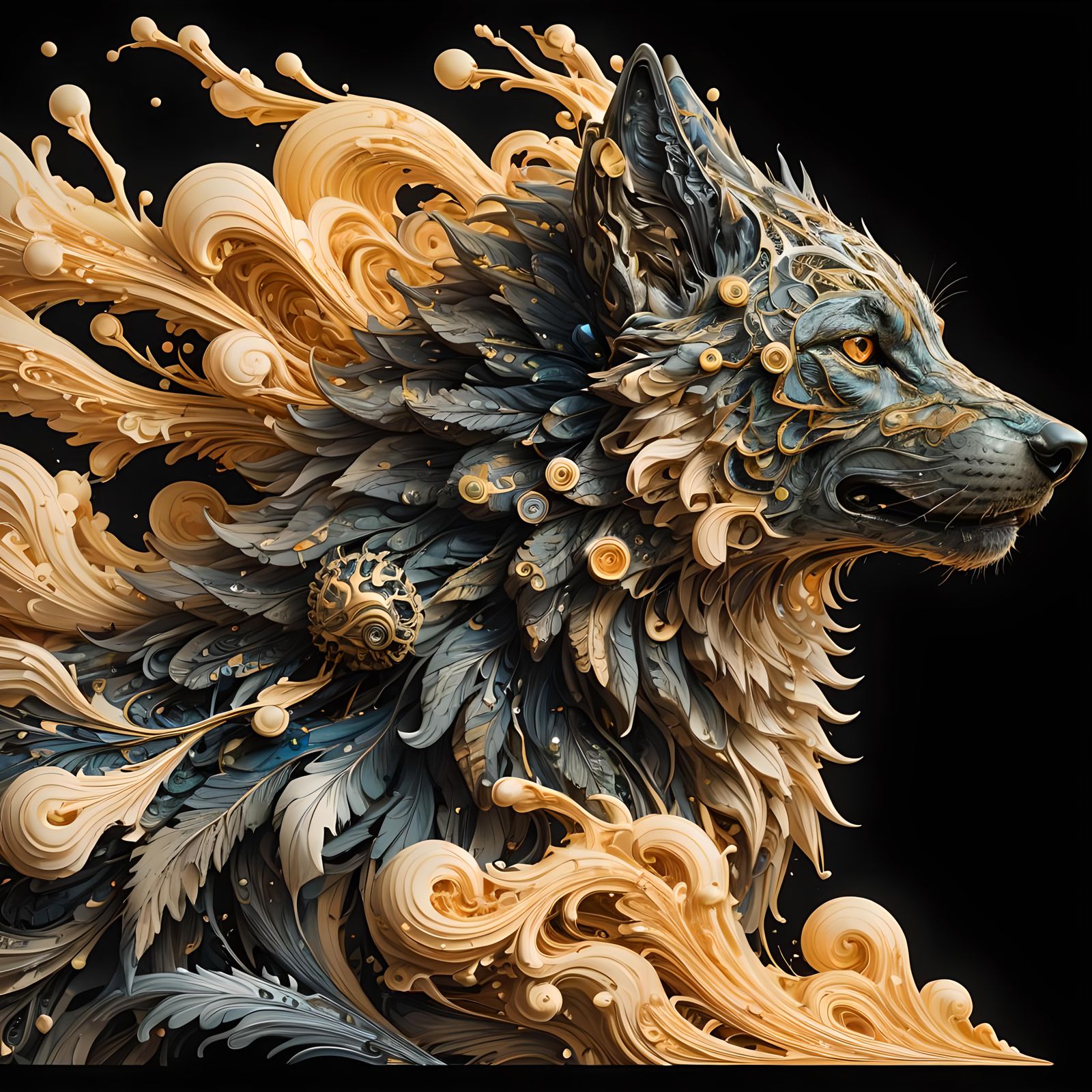 Intricate Ink Wolf Portrait with Golden Ratio