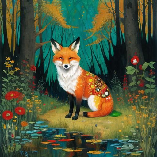 Fox in Vibrant Autumn Forest, Mixed Media Collage Style