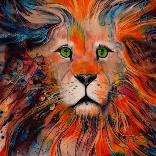 Terrifying Ghost Lion in Liquid Ink Splatter Style