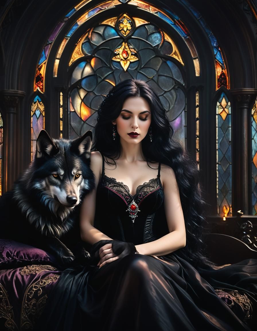 Gothic Woman and Wolf in Mystical Bedroom