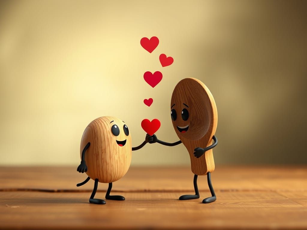 Wooden Fork and Spoon Characters Fall in Love