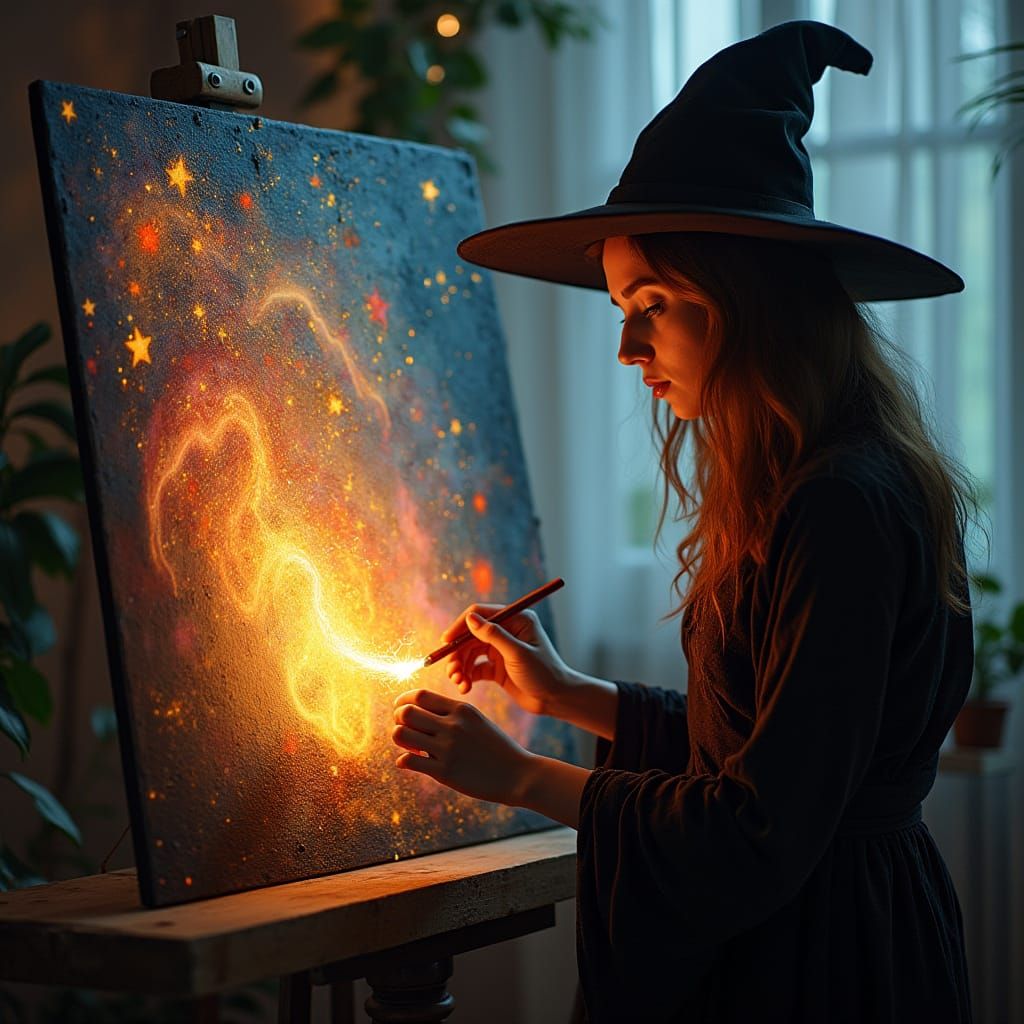 Magical Artist Witch Paints Enchanted Scene