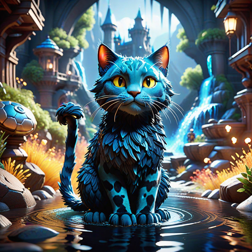 Hyper-Realistic Elemental Water Cat in Vibrant Gradient Back...