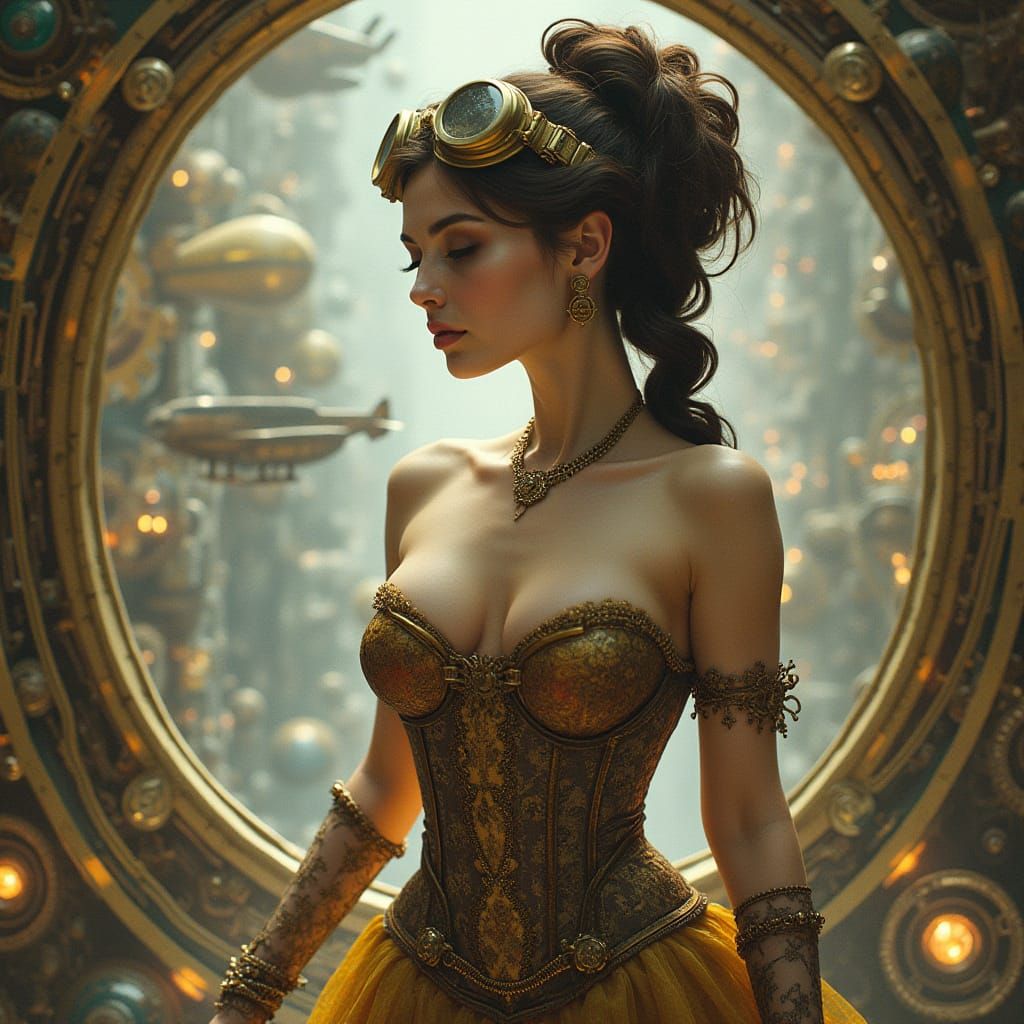 Steampunk Woman in Victorian Setting with Airships